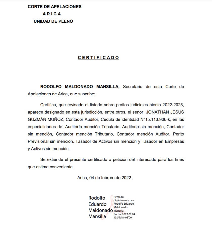 Certif perito Arica
